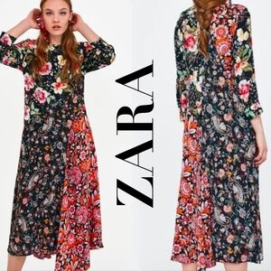 Zara Boho Black Floral Asymmetrical Patchwork Handkerchief Hem Midi Dress Small